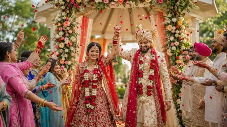 Indian couple celebrating after wedding ceremony
